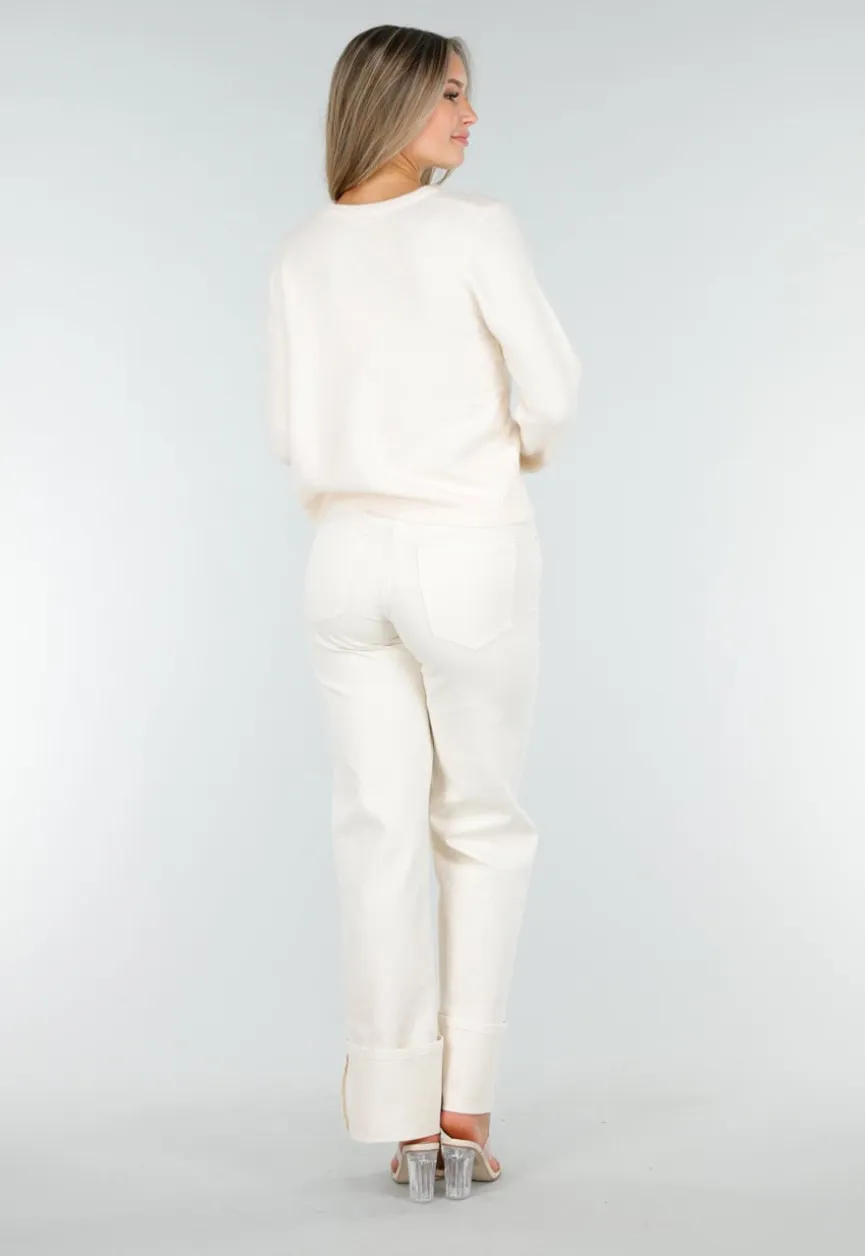 Crème Gebreid Vest met Knoopsluiting en Lange Mouwen