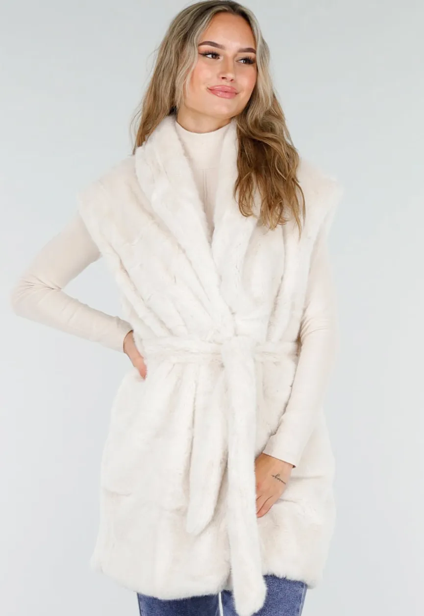 Crèmekleurige Faux Fur Bodywarmer met Ceintuur