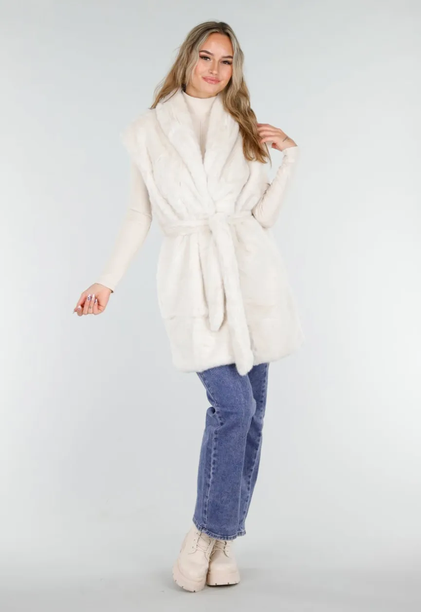Crèmekleurige Faux Fur Bodywarmer met Ceintuur