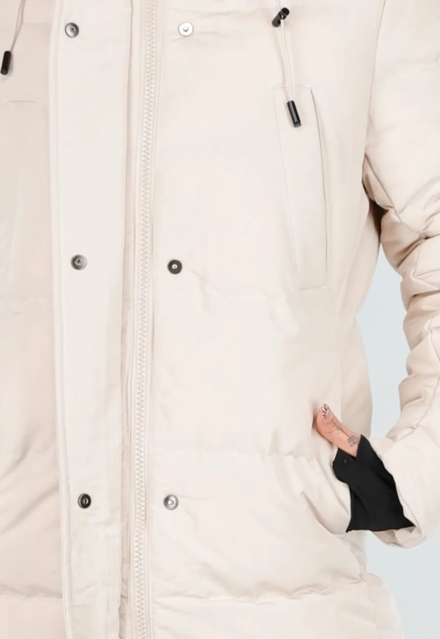 Crèmekleurige Lange Pufferjas met Capuchon en Ritssluiting