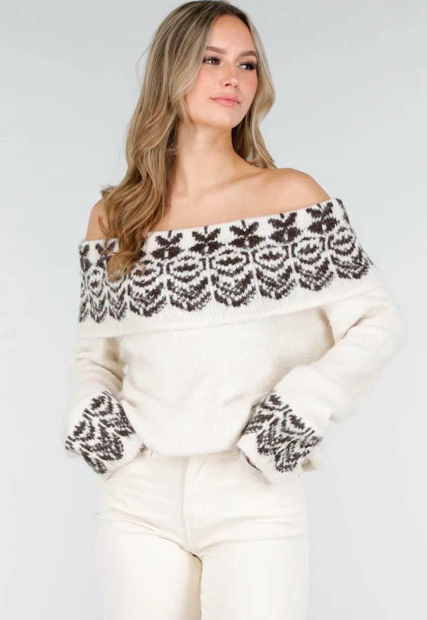 Crèmekleurige Off Shoulder Wollen Stretch Trui met Bruin Patroon