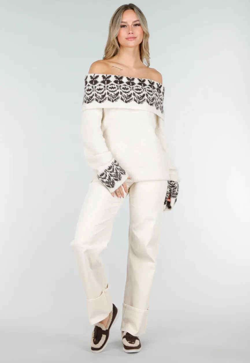 Crèmekleurige Off Shoulder Wollen Stretch Trui met Bruin Patroon