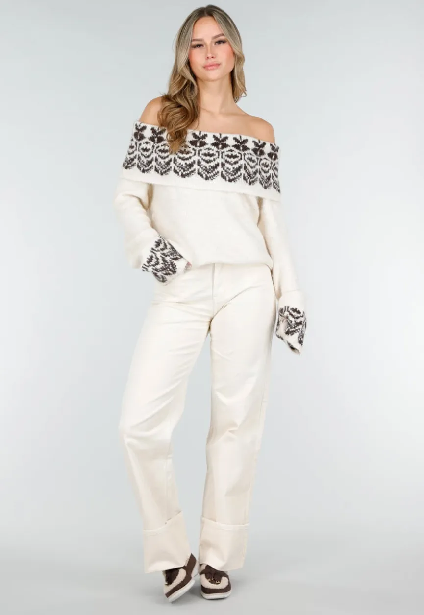 Crèmekleurige Off Shoulder Wollen Stretch Trui met Bruin Patroon
