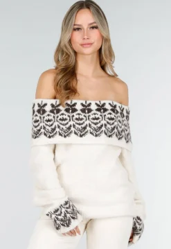 Crèmekleurige Off Shoulder Wollen Stretch Trui met Bruin Patroon