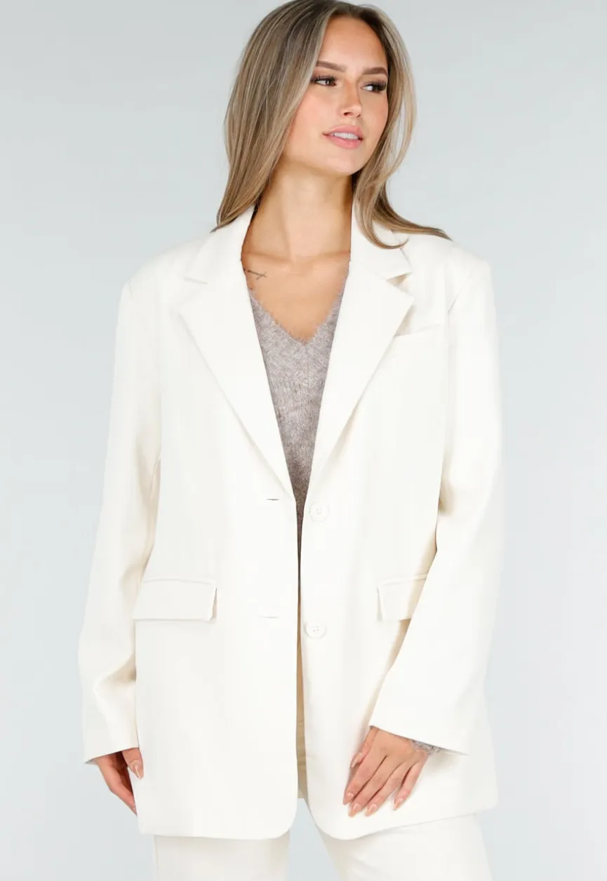 Crèmekleurige Oversized Blazer met Reverskraag en Knopen