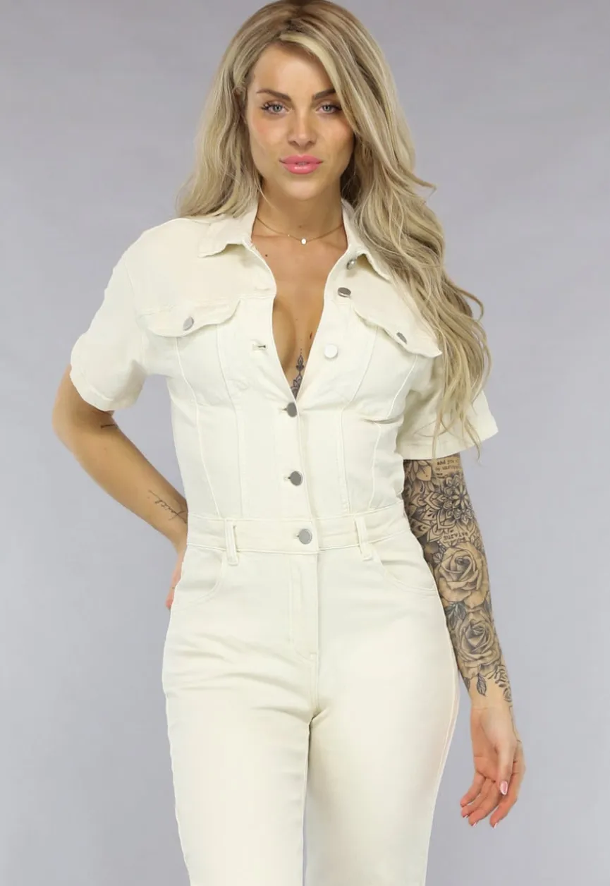 Crème Kleurige Straight Leg Denim Jumpsuit met Korte Mouwen