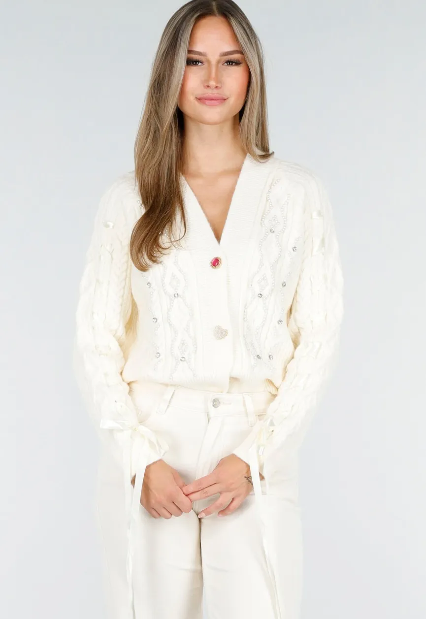 Crèmekleurig Gebreid Vest met Parel en Strikdetails
