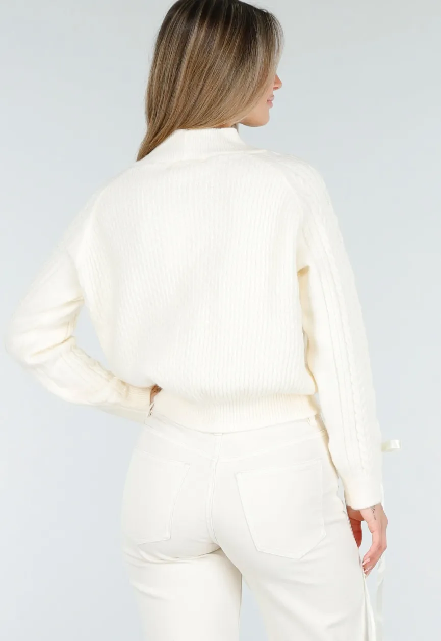 Crèmekleurig Gebreid Vest met Parel en Strikdetails