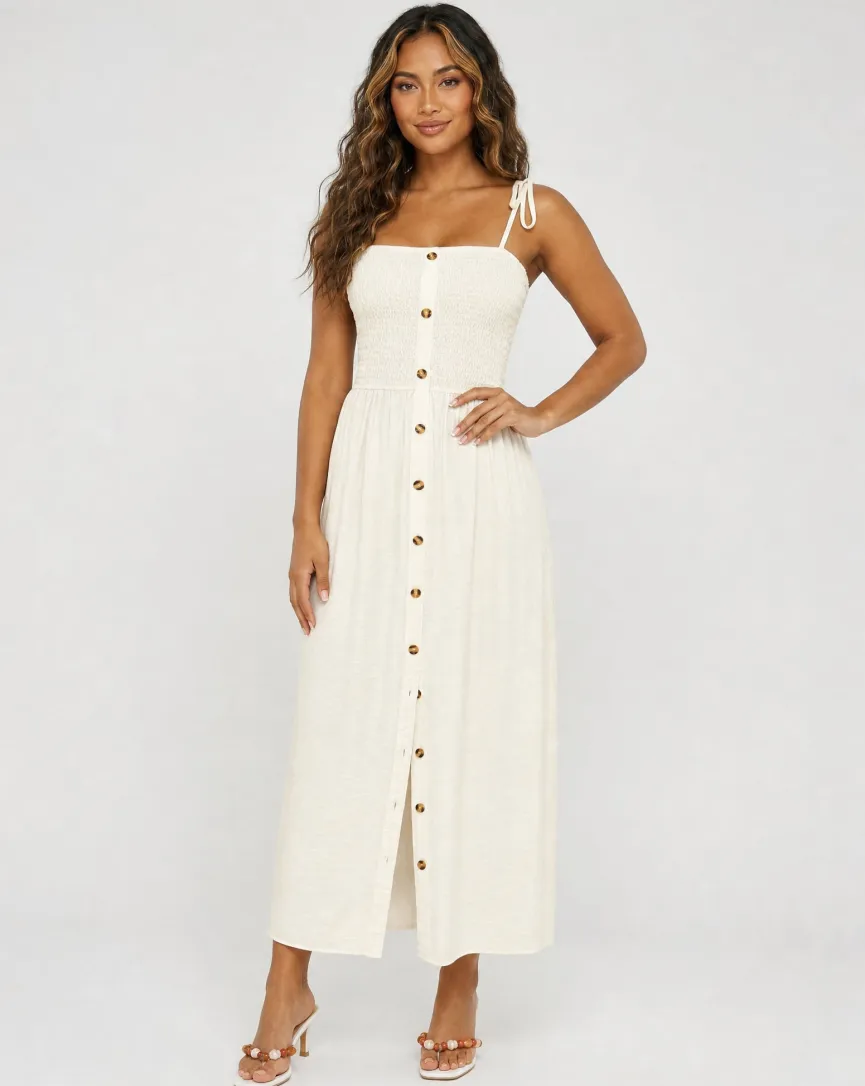 Crème Maxi Jurk met Smokwerk, Knopen en Strikbandjes