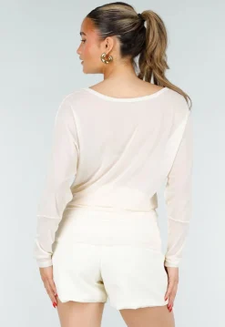 Crème Mesh Top met Lange Mouwen en Stretch