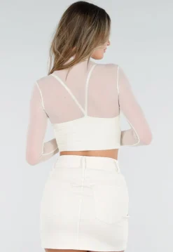 Crème Mesh Top met Lange Mouwen en Cut Out en Pads