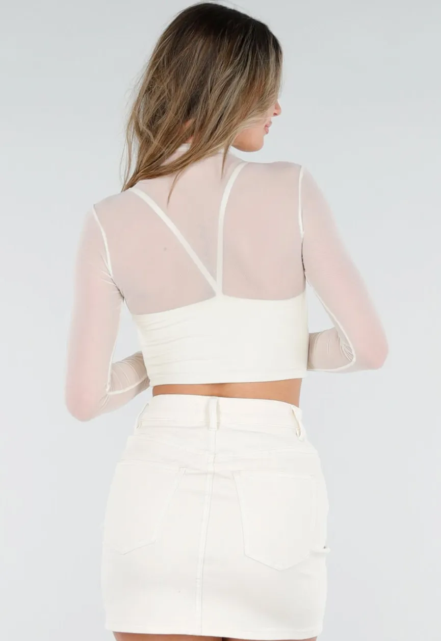 Crème Mesh Top met Lange Mouwen en Cut Out en Pads