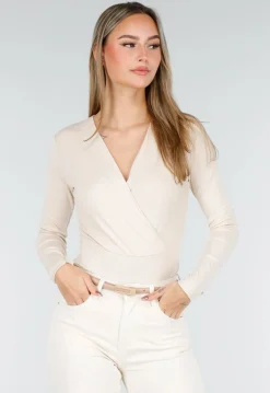 Crème Stretch Body met Lange Mouwen en V-Hals