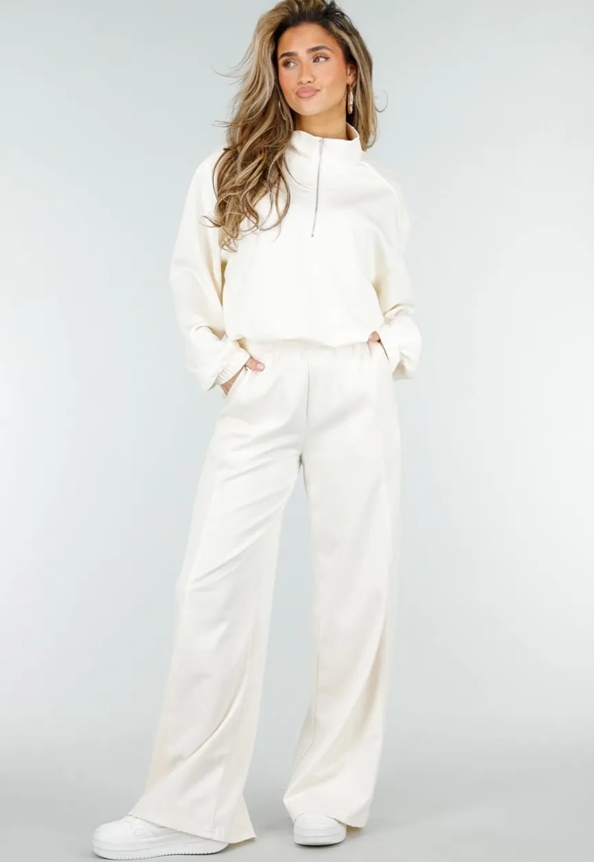Crème Sweater met Halve Rits en Elastische Boorden