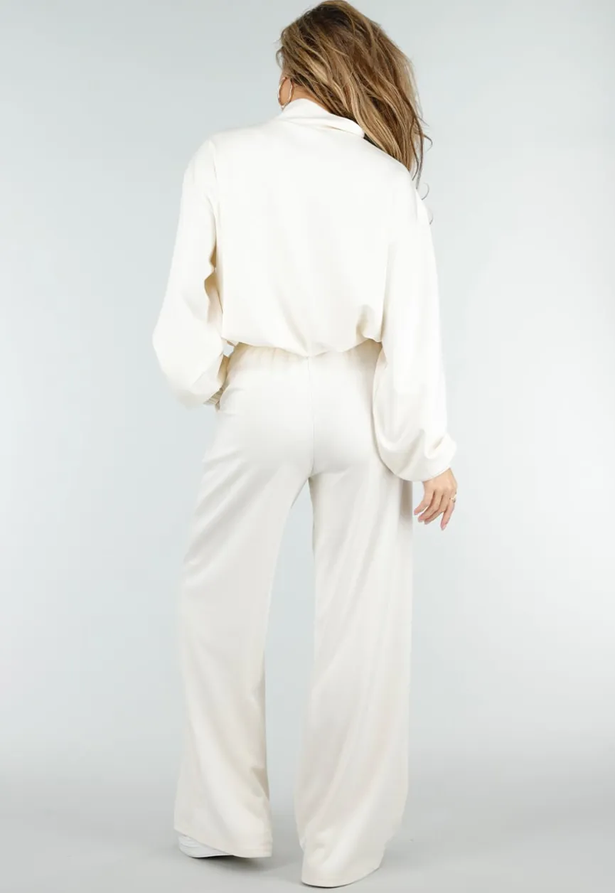 Crème Sweater met Halve Rits en Elastische Boorden