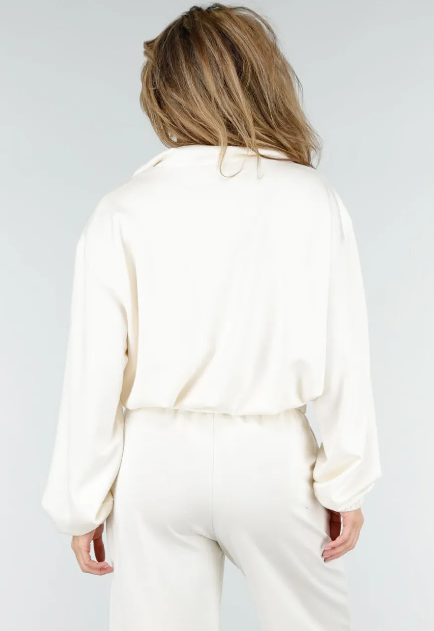 Crème Sweater met Halve Rits en Elastische Boorden