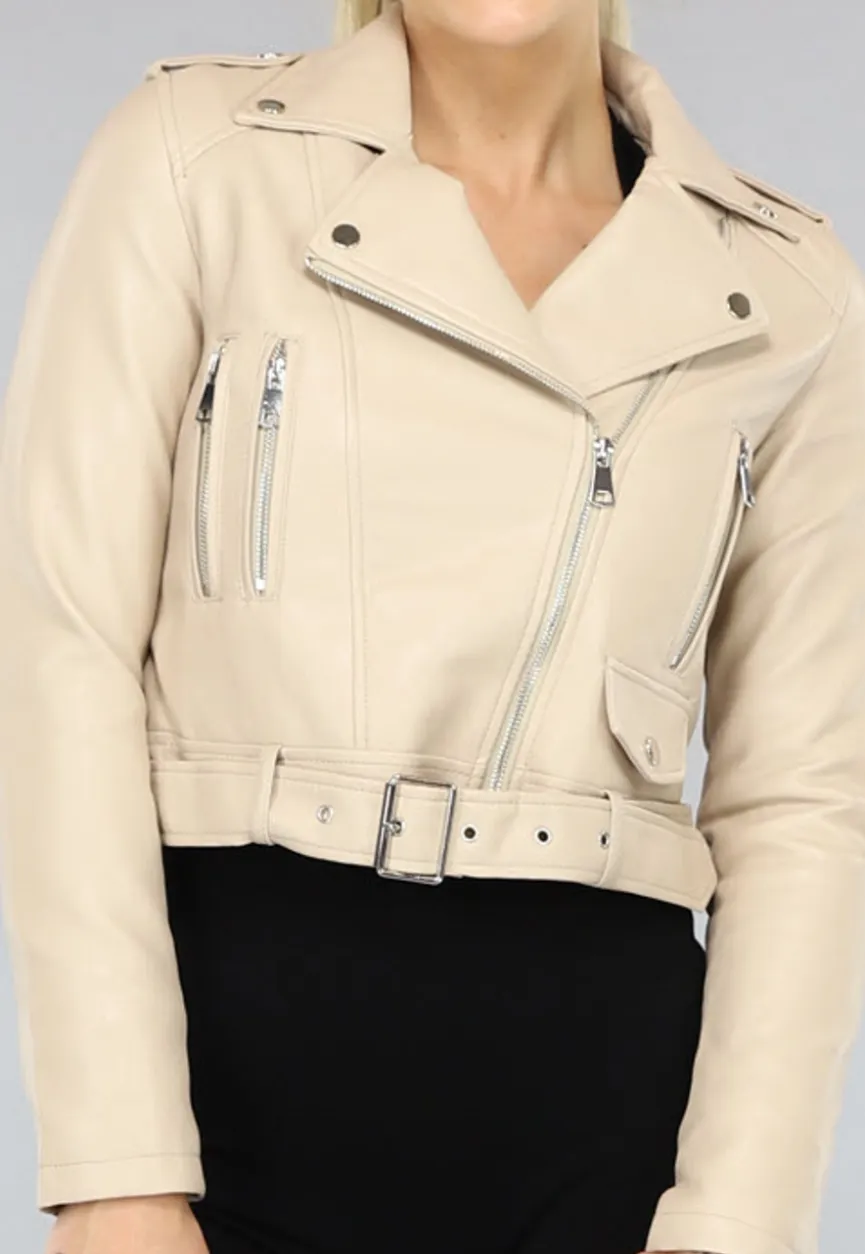 Cropped Beige Leren Jack met Zilveren Details