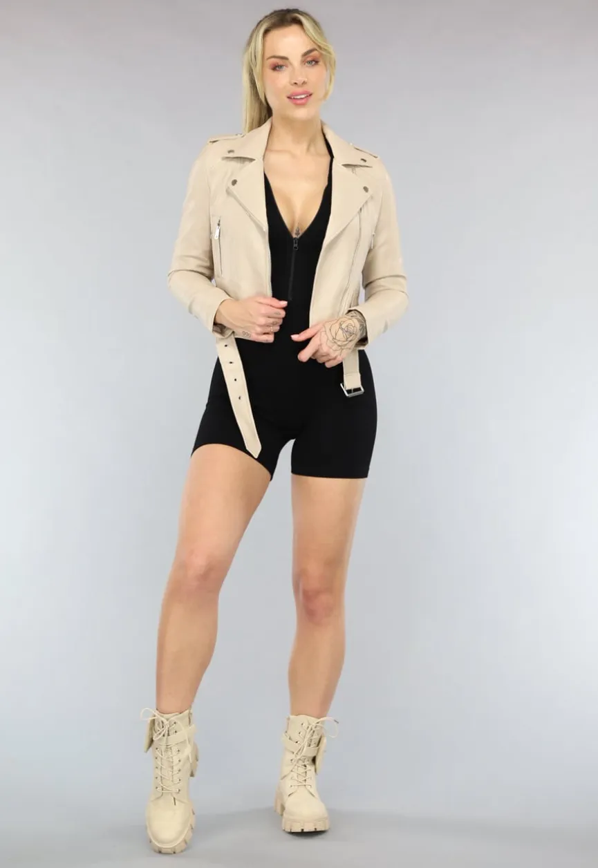 Cropped Beige Leren Jack met Zilveren Details