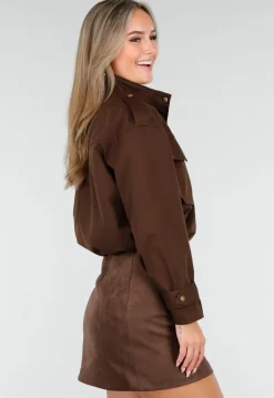 Cropped Bruine Jas met Rits en Grote Zakken