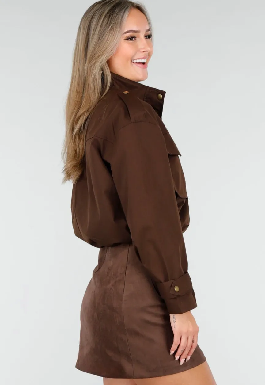 Cropped Bruine Jas met Rits en Grote Zakken