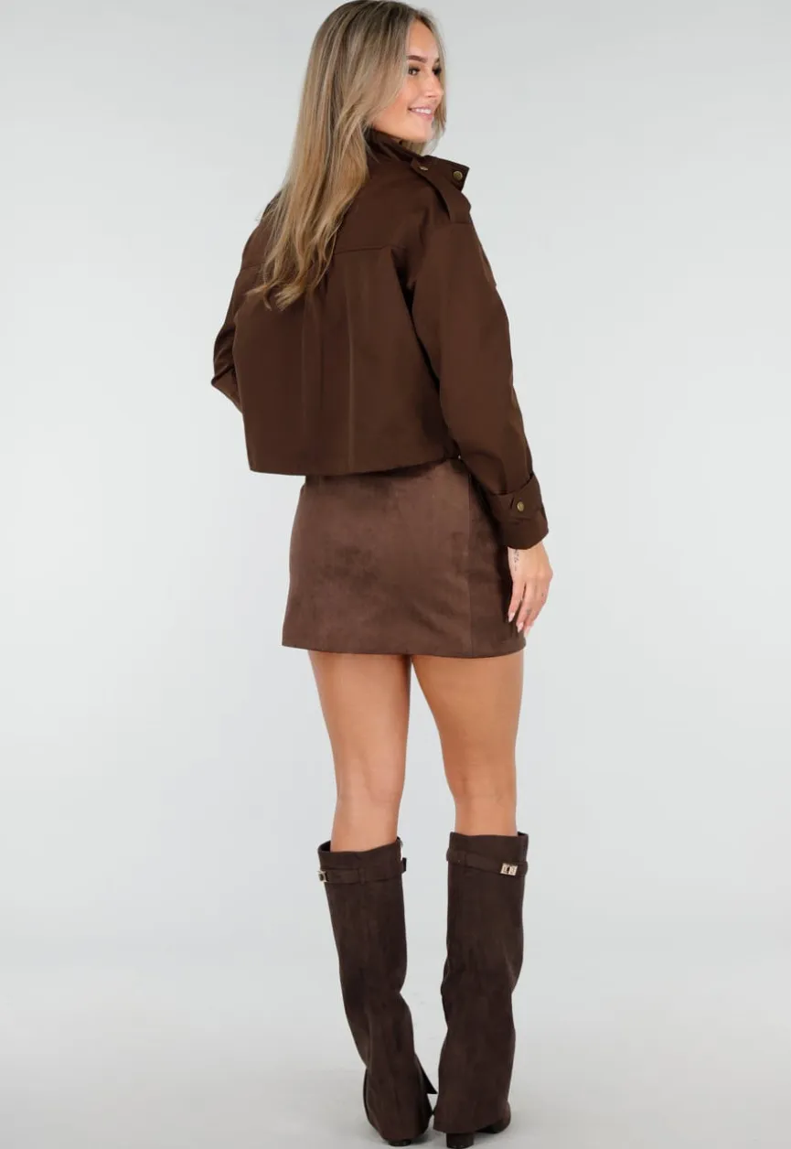 Cropped Bruine Jas met Rits en Grote Zakken