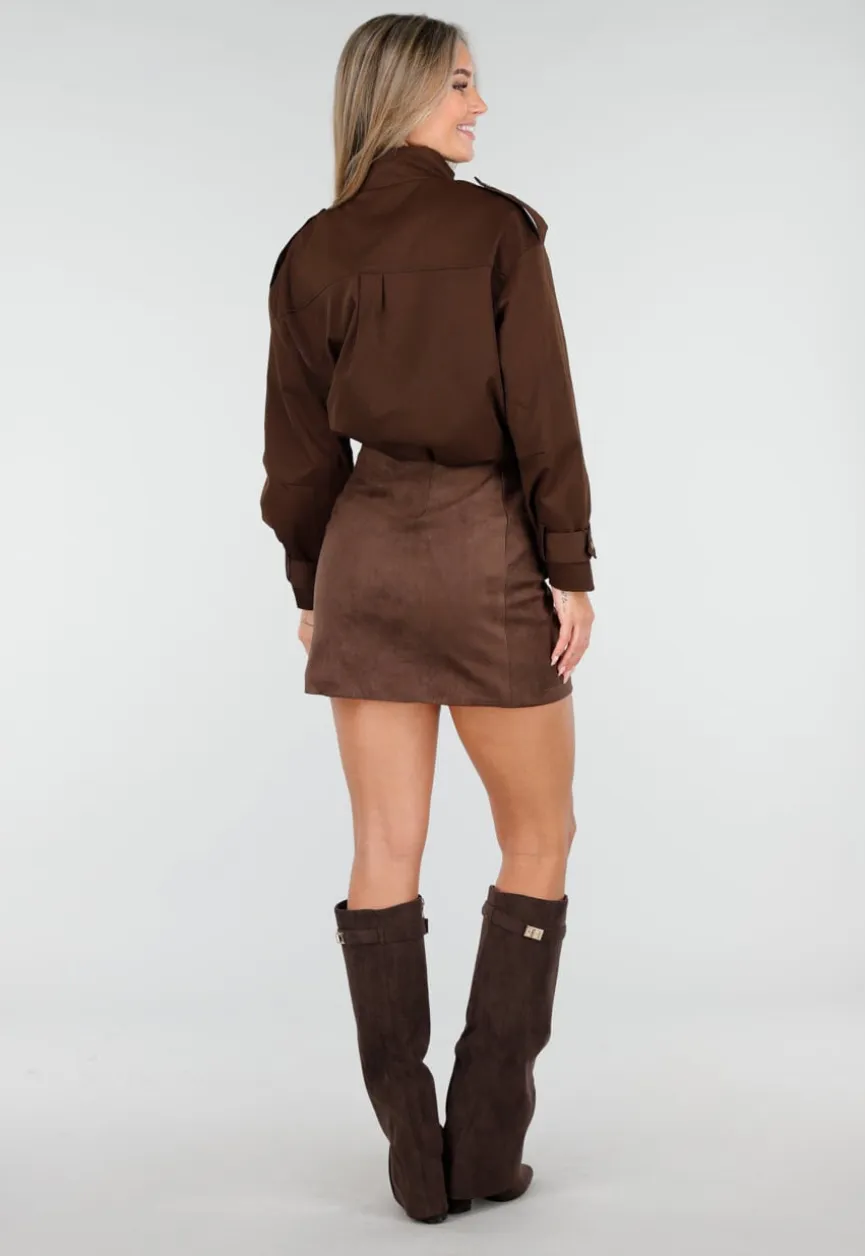 Cropped Bruine Jas met Rits en Grote Zakken