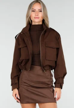 Cropped Bruine Jas met Rits en Grote Zakken