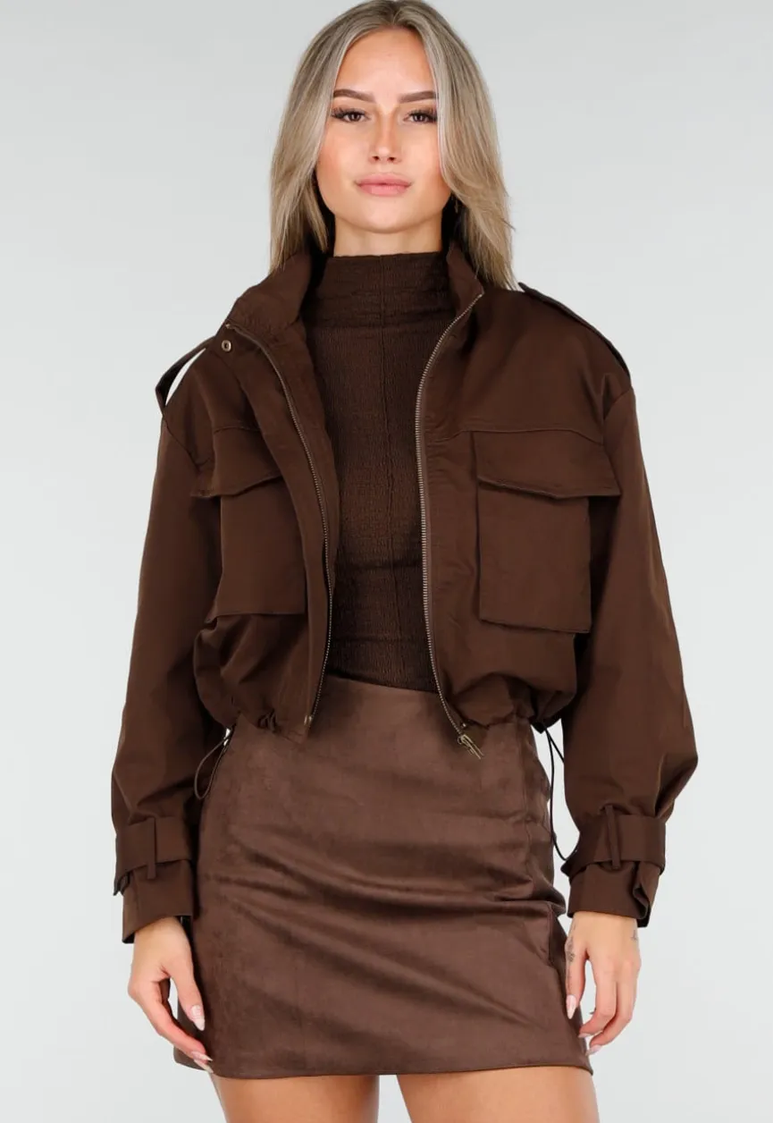 Cropped Bruine Jas met Rits en Grote Zakken