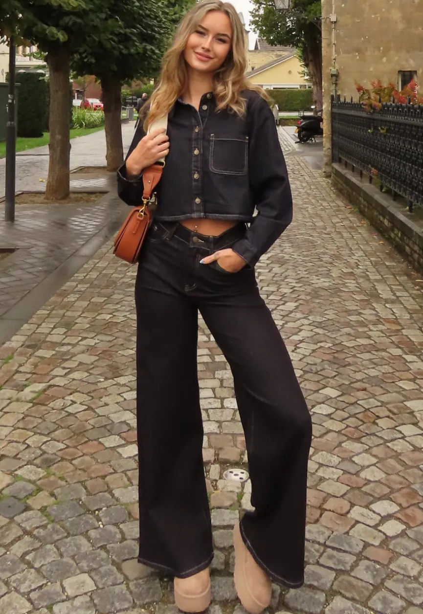Cropped Denim Blouse in Donkerblauw Met Lange Mouwen