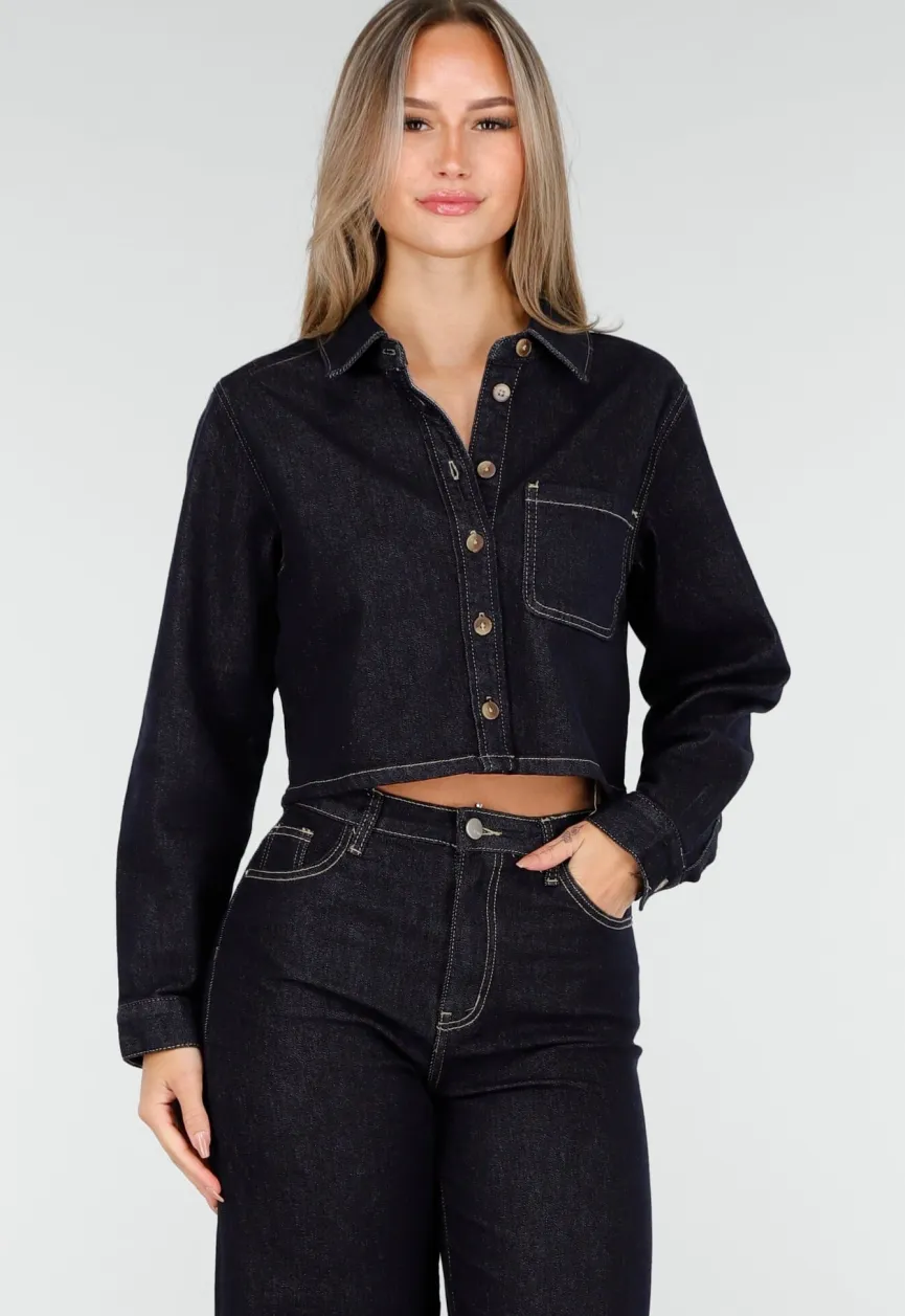 Cropped Denim Blouse in Donkerblauw Met Lange Mouwen