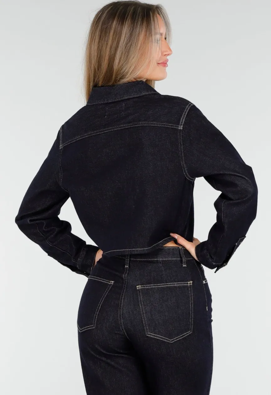 Cropped Denim Blouse in Donkerblauw Met Lange Mouwen