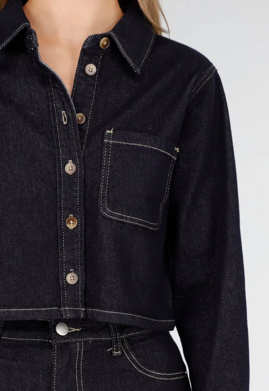 Cropped Denim Blouse in Donkerblauw Met Lange Mouwen