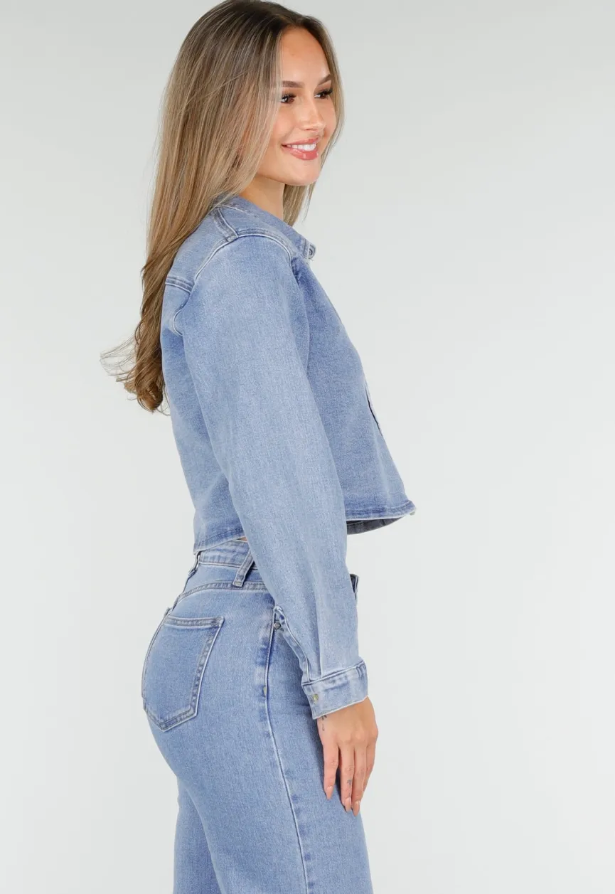Cropped Denim Blouse in Lichtblauw Met Lange Mouwen