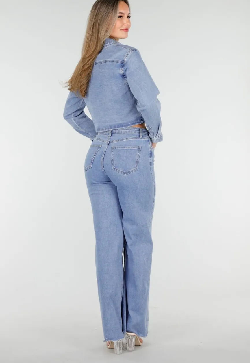 Cropped Denim Blouse in Lichtblauw Met Lange Mouwen