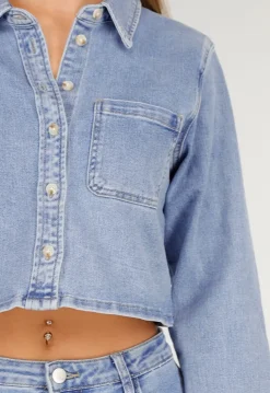 Cropped Denim Blouse in Lichtblauw Met Lange Mouwen