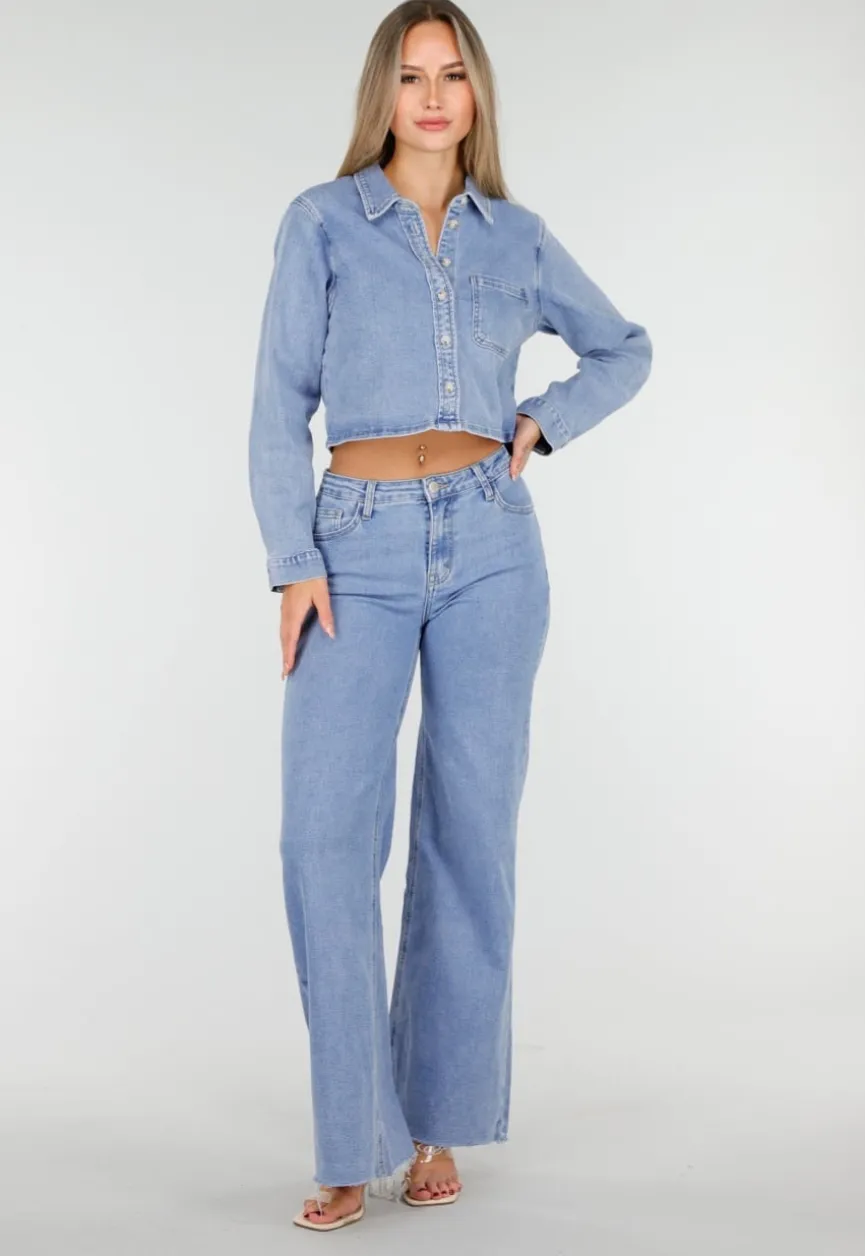 Cropped Denim Blouse in Lichtblauw Met Lange Mouwen