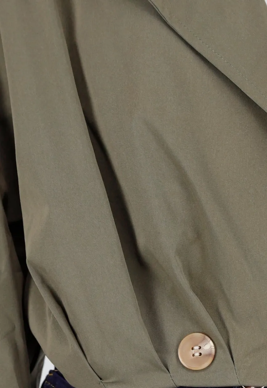 Cropped Trenchcoat Olijfgroen met Brede Revers en Dubbele Knoopsluiting