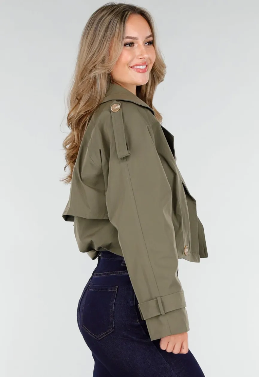 Cropped Trenchcoat Olijfgroen met Brede Revers en Dubbele Knoopsluiting