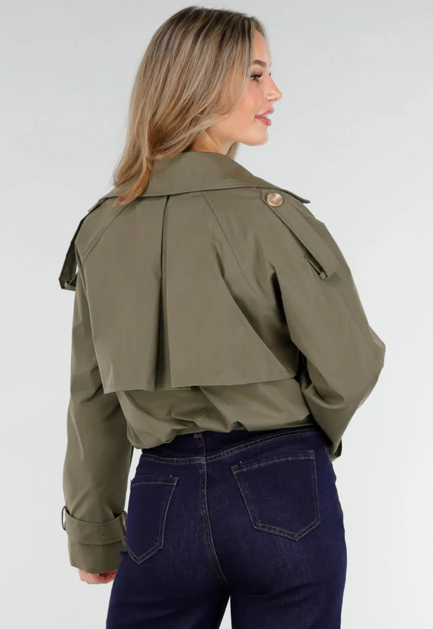 Cropped Trenchcoat Olijfgroen met Brede Revers en Dubbele Knoopsluiting