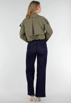 Cropped Trenchcoat Olijfgroen met Brede Revers en Dubbele Knoopsluiting