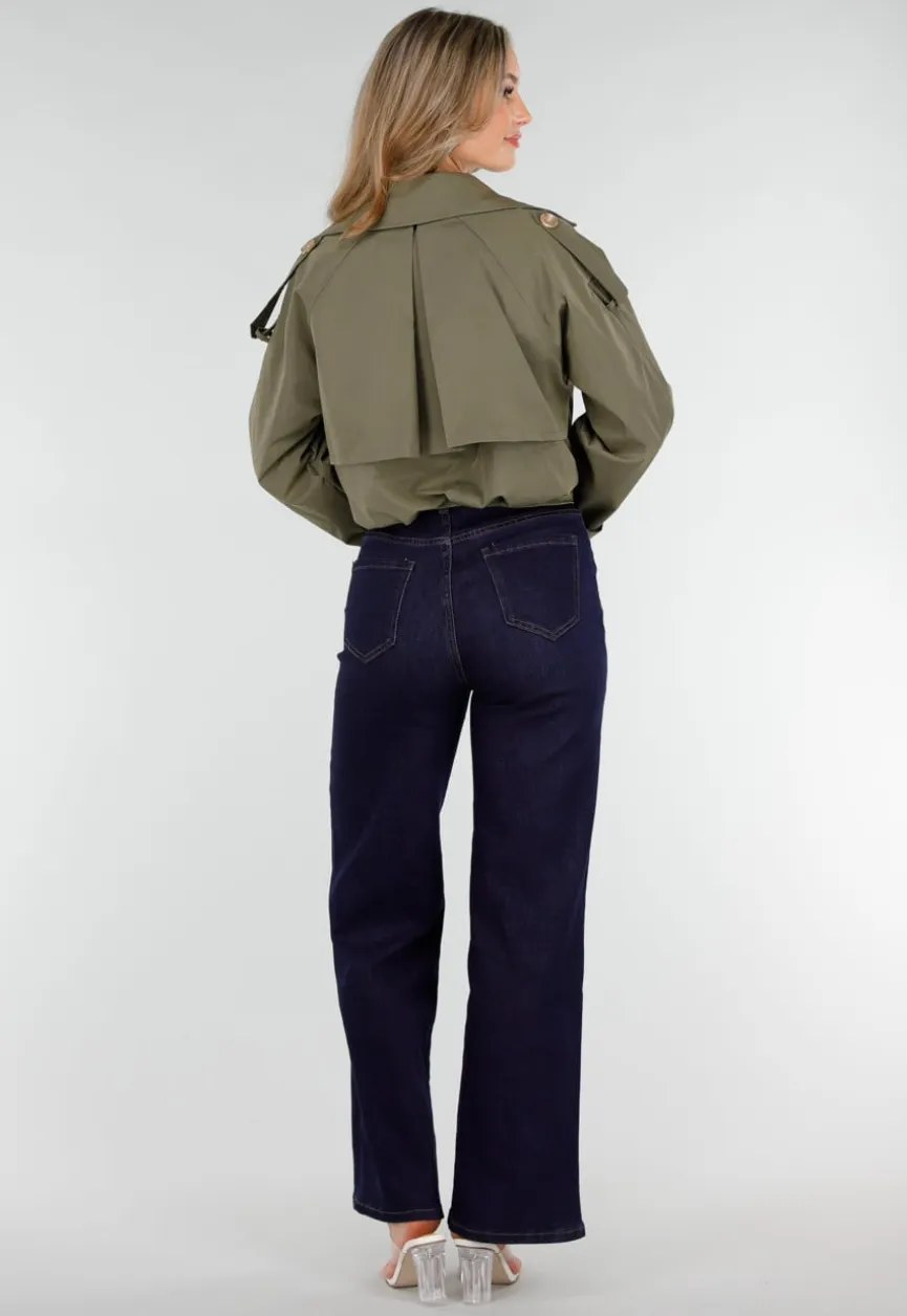 Cropped Trenchcoat Olijfgroen met Brede Revers en Dubbele Knoopsluiting