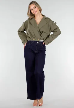 Cropped Trenchcoat Olijfgroen met Brede Revers en Dubbele Knoopsluiting