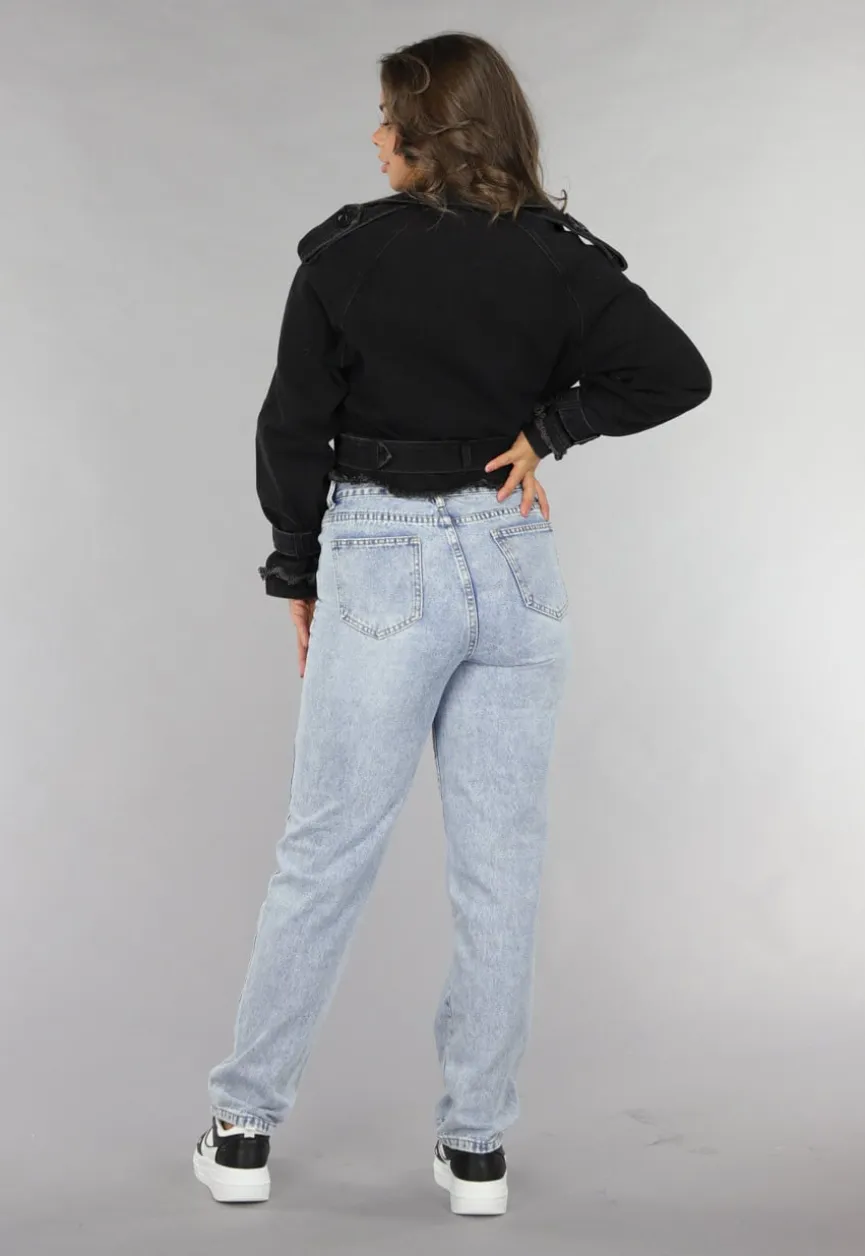Cropped Zwarte Denim Jas met Gespdetails