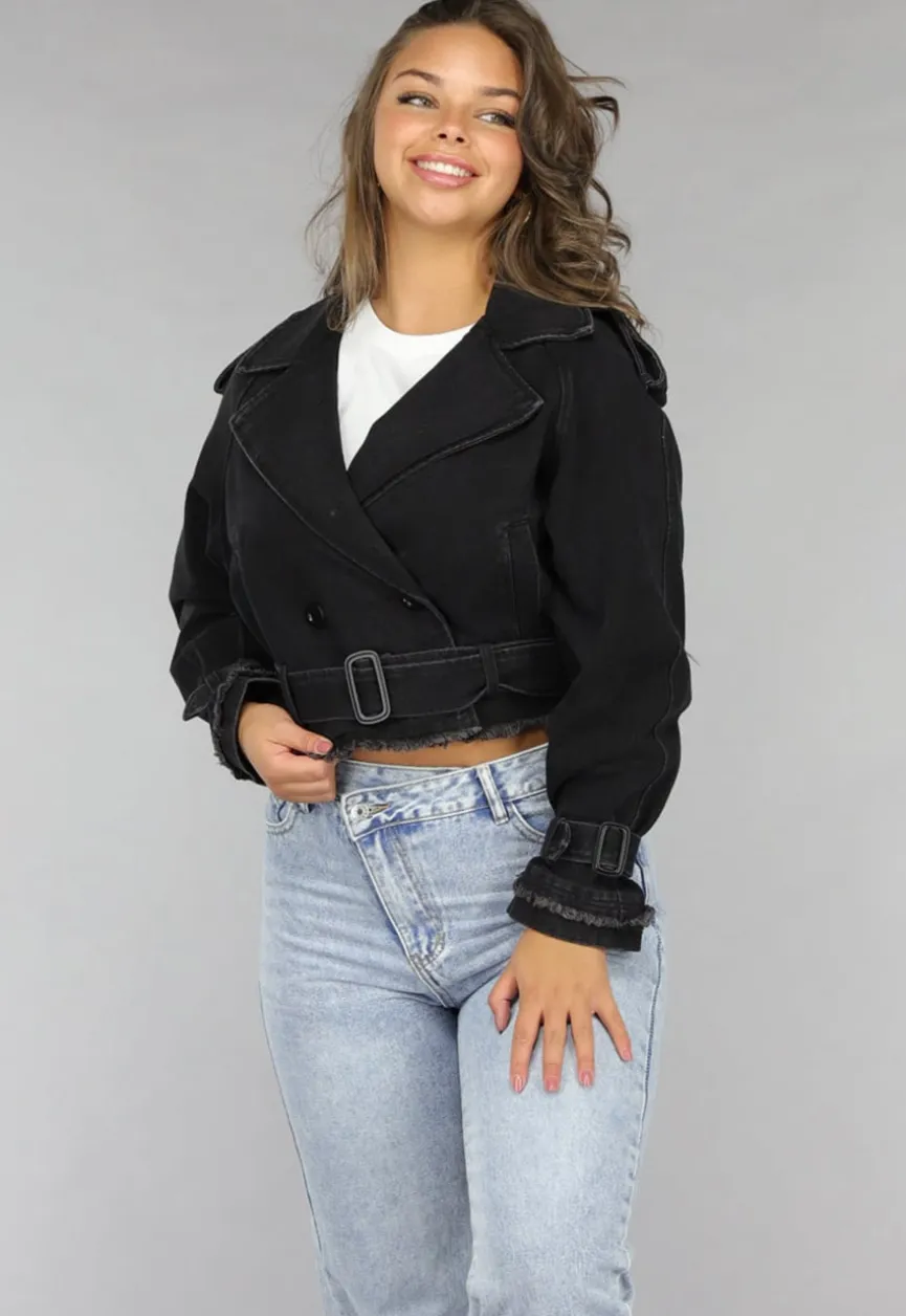 Cropped Zwarte Denim Jas met Gespdetails