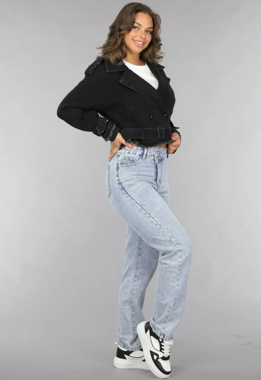 Cropped Zwarte Denim Jas met Gespdetails