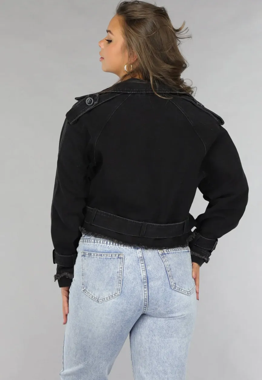 Cropped Zwarte Denim Jas met Gespdetails
