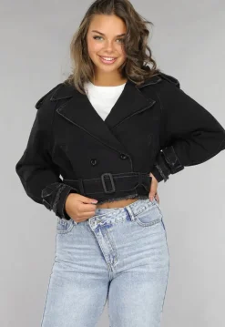 Cropped Zwarte Denim Jas met Gespdetails
