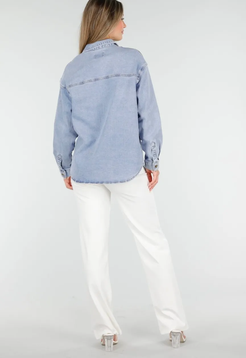Denim Blouse met Lange Mouwen en Knopen