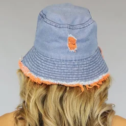 Denim Bucket Hat met Oranje Details