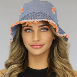 Denim Bucket Hat met Oranje Details